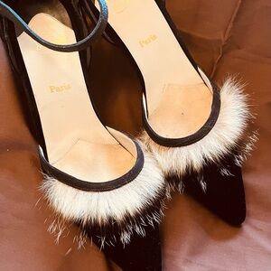 Christian Louboutin Black Pointed Fur-Trim Ankle Strap Heels